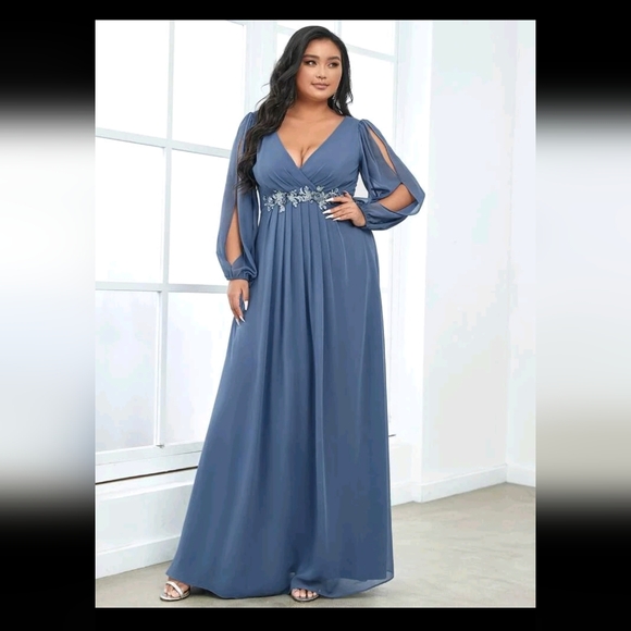 Ever Pretty Dresses & Skirts - EVER-PRETTY Plus Surplice Neck Split Sleeve Appliques Detail Prom Dress